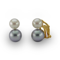 Boucles d'oreilles Clips double perle blanche et grise