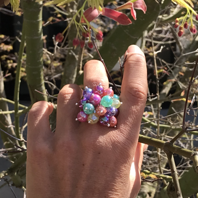 Grosse bague perles Printemps argent Audrey (L)