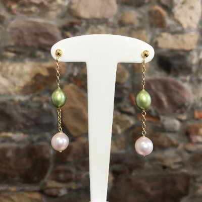 Boucle Pendante et Perles Nacrées Rose Vert