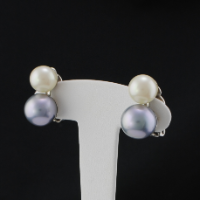 Boucles d'oreilles Clips double perle blanche et grise