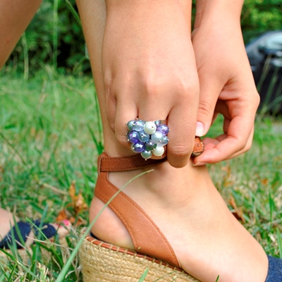 Grosse bague perles violettes lavande argent Audrey (L)