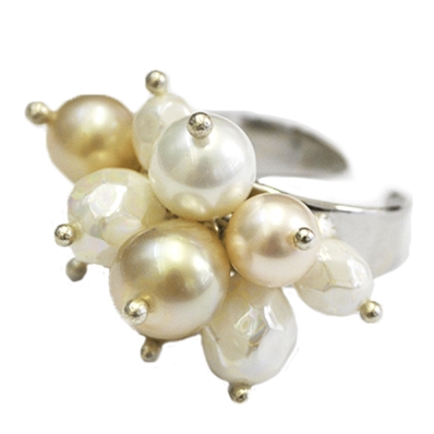 Bague en perles blanches jaune doré & argent rhodié Audrey (M)