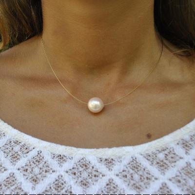 Collier Solitaire perle nacrée rose de 12 mm